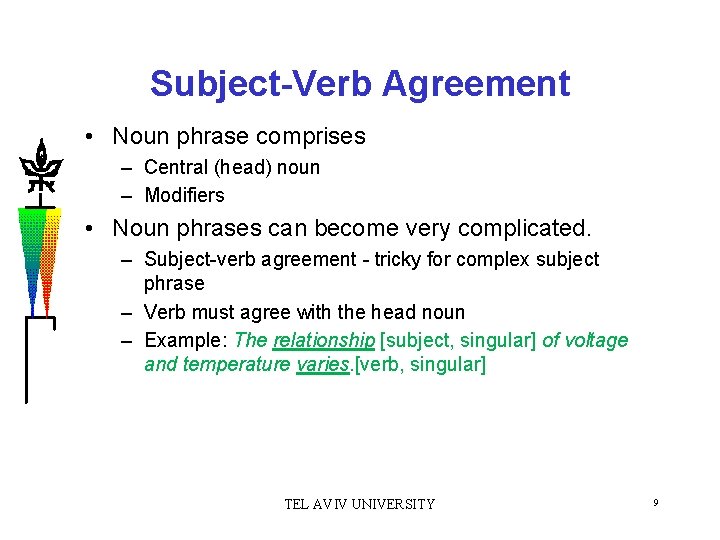 Subject-Verb Agreement • Noun phrase comprises – Central (head) noun – Modifiers • Noun