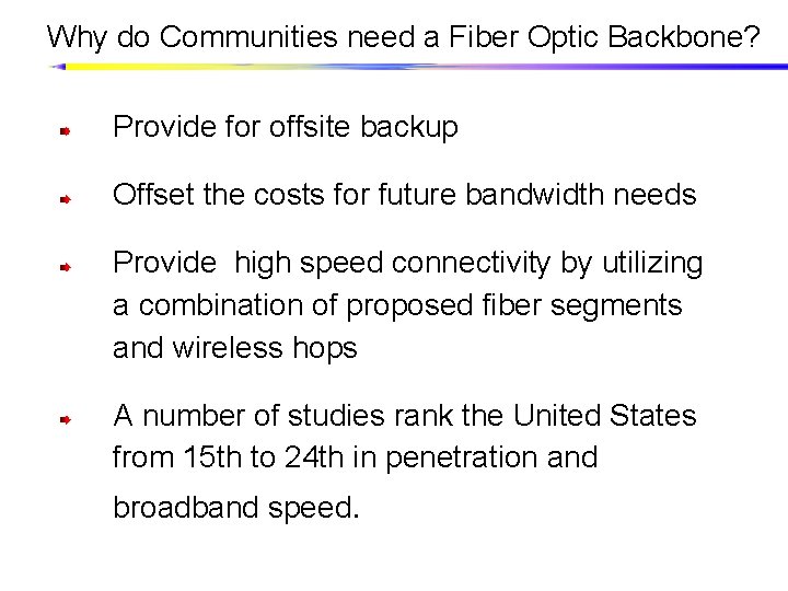 Why do Communities need a Fiber Optic Backbone? Provide for offsite backup Offset the