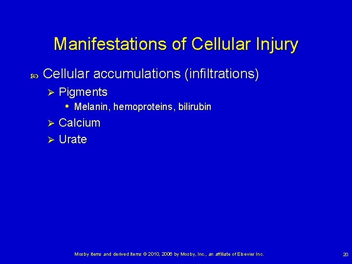 Manifestations of Cellular Injury Cellular accumulations (infiltrations) Pigments • Melanin, hemoproteins, bilirubin Ø Calcium