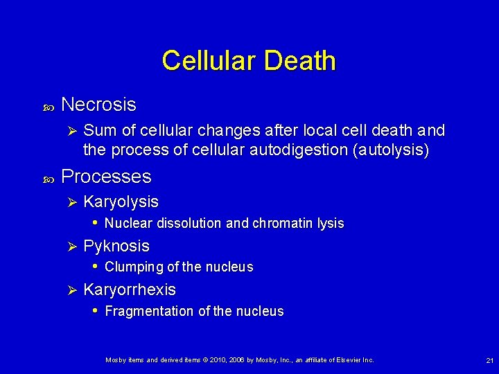 Cellular Death Necrosis Ø Sum of cellular changes after local cell death and the