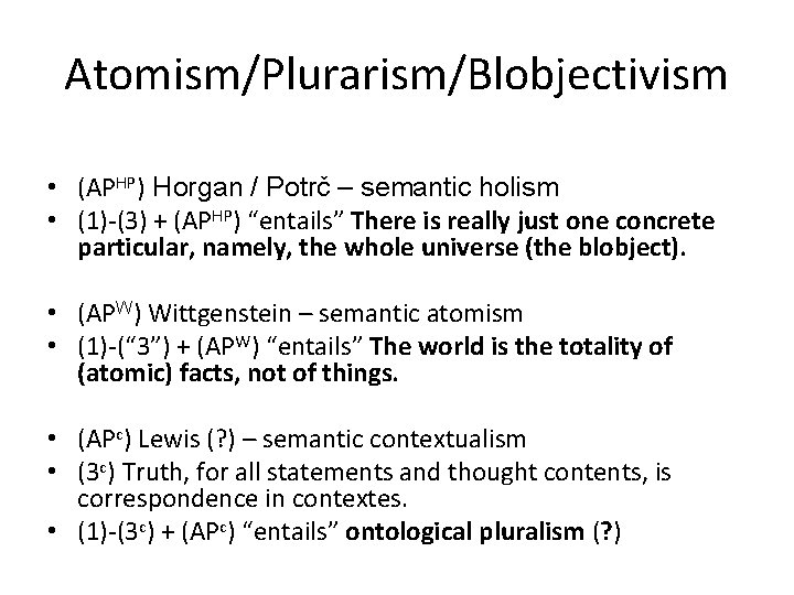 Atomism/Plurarism/Blobjectivism • (APHP) Horgan / Potrč – semantic holism • (1)-(3) + (APHP) “entails”
