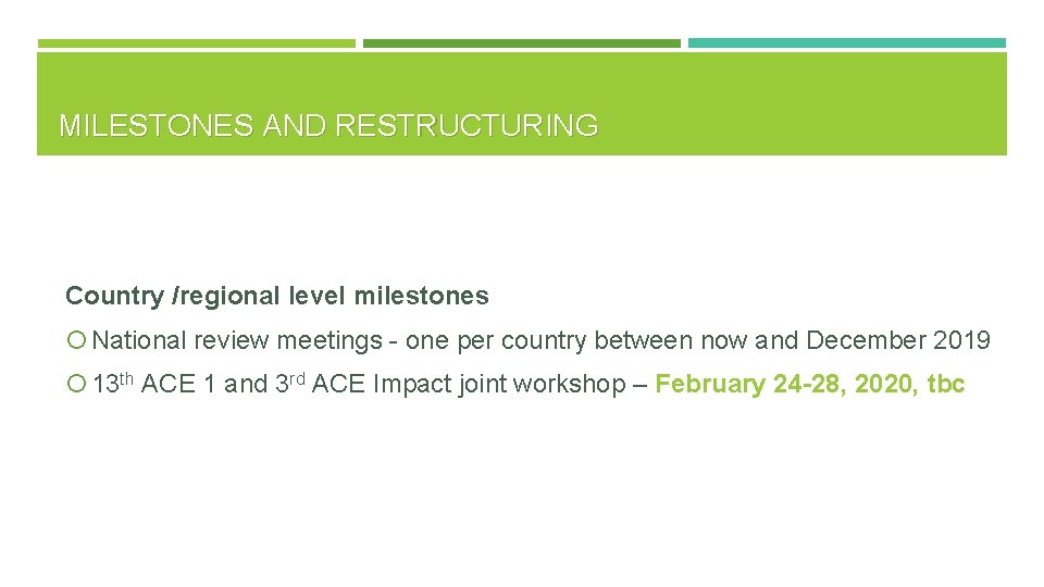 MILESTONES AND RESTRUCTURING Country /regional level milestones National review meetings - one per country