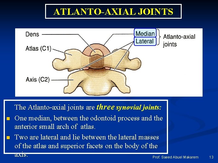 ATLANTO-AXIAL JOINTS n n The Atlanto-axial joints are three synovial joints: One median, between