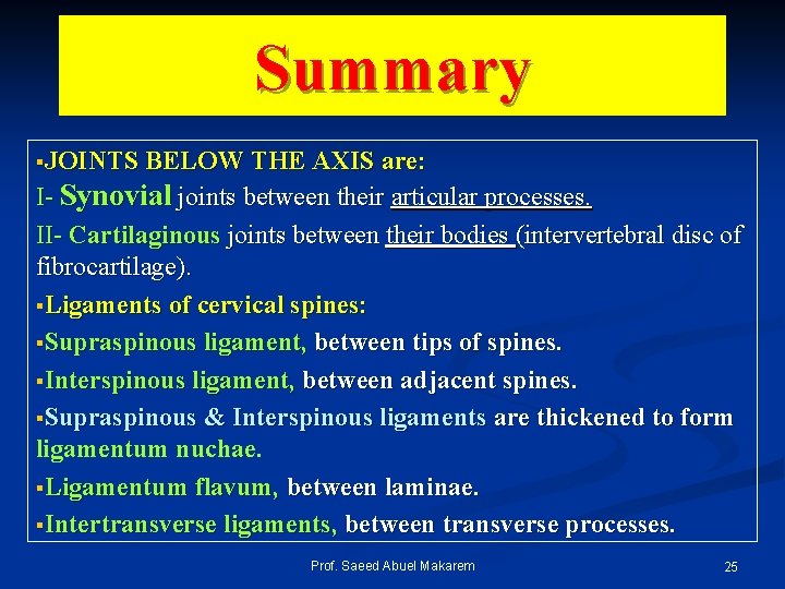 Summary §JOINTS BELOW THE AXIS are: I- Synovial joints between their articular processes. II-