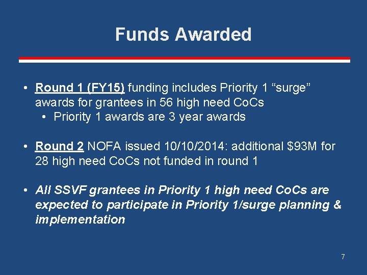 Funds Awarded • Round 1 (FY 15) funding includes Priority 1 “surge” awards for