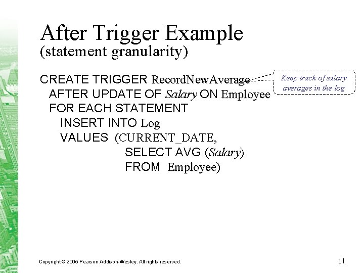 After Trigger Example (statement granularity) CREATE TRIGGER Record. New. Average AFTER UPDATE OF Salary