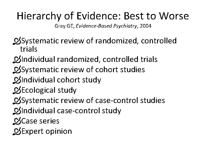 Hierarchy of Evidence: Best to Worse Gray GE, Evidence-Based Psychiatry, 2004 Systematic review of