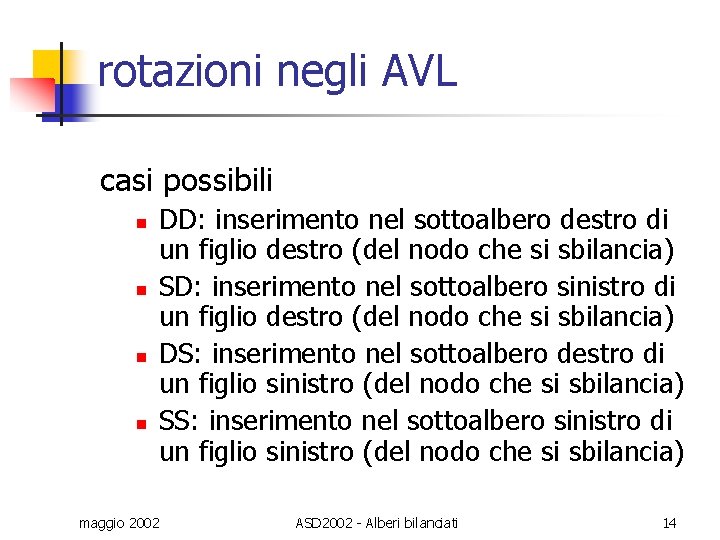 rotazioni negli AVL casi possibili n n DD: inserimento nel sottoalbero destro di un