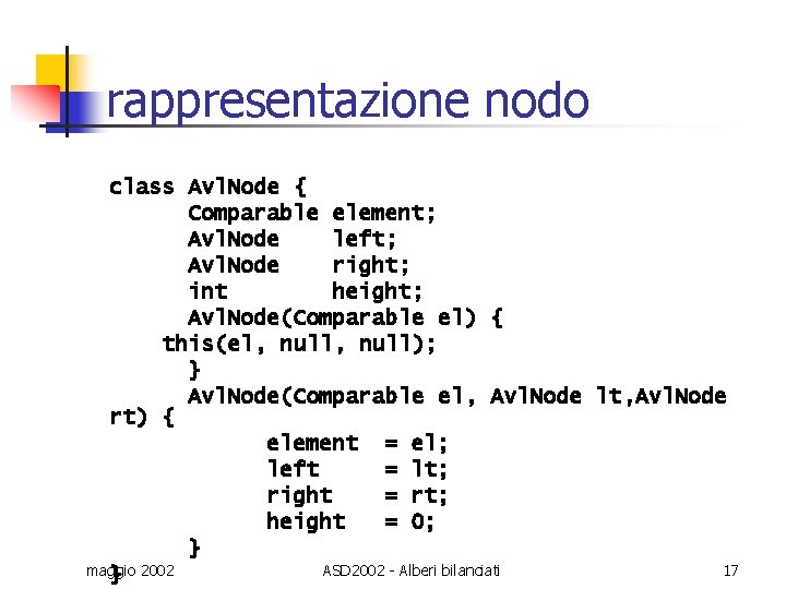 rappresentazione nodo class Avl. Node { Comparable element; Avl. Node left; Avl. Node right;