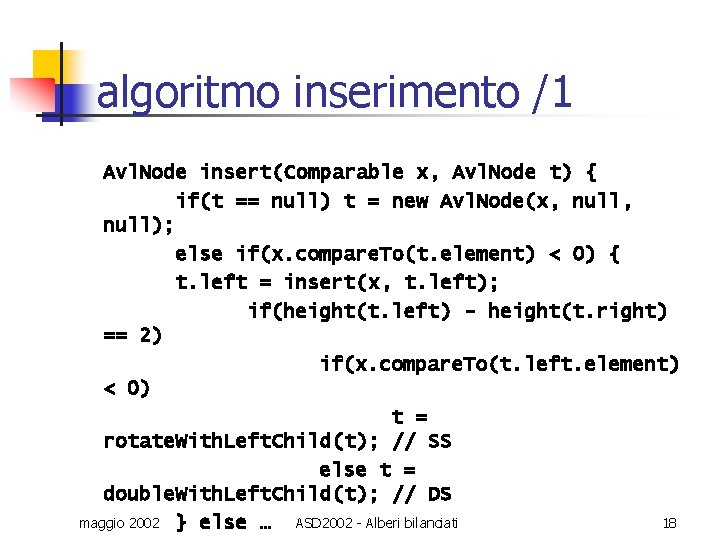 algoritmo inserimento /1 Avl. Node insert(Comparable x, Avl. Node t) { if(t == null)