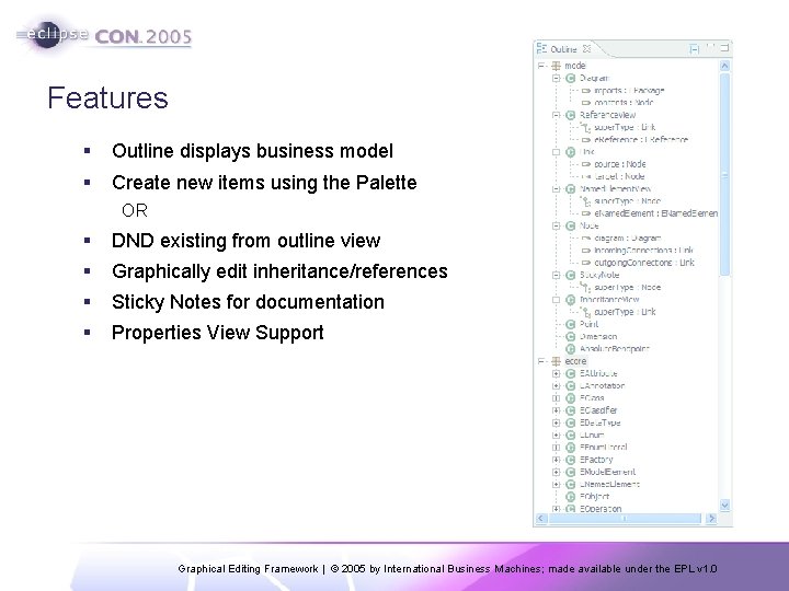 Features § Outline displays business model § Create new items using the Palette OR