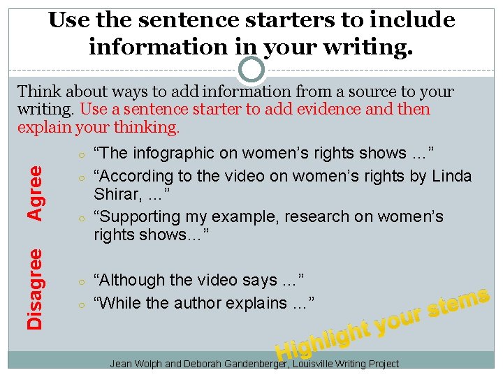 Use the sentence starters to include information in your writing. Think about ways to