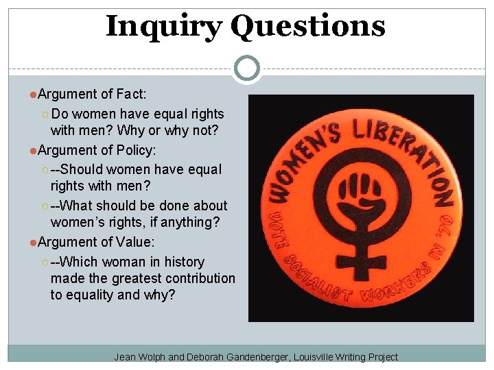 Inquiry Questions ●Argument of Fact: ○ Do women have equal rights with men? Why