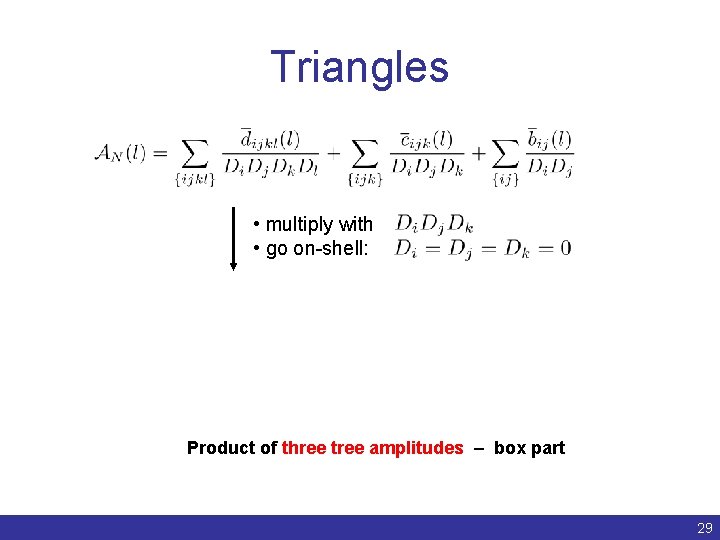 Triangles • multiply with • go on-shell: Product of three tree amplitudes – box
