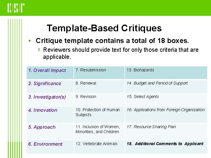 Template-Based Critiques • Critique template contains a total of 18 boxes. Reviewers should provide