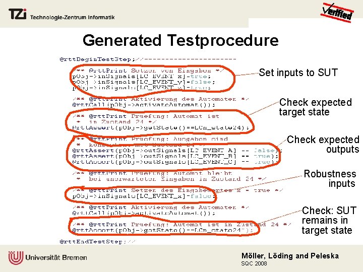Generated Testprocedure Set inputs to SUT Check expected target state Check expected outputs Robustness