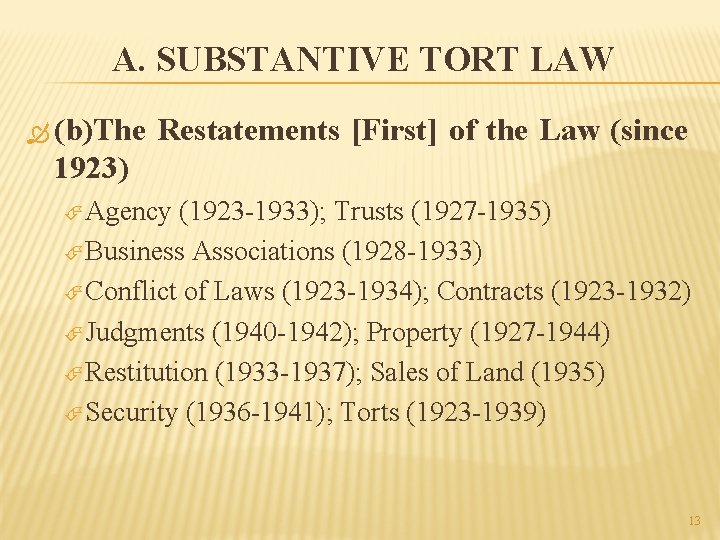 A. SUBSTANTIVE TORT LAW (b)The Restatements [First] of the Law (since 1923) Agency (1923