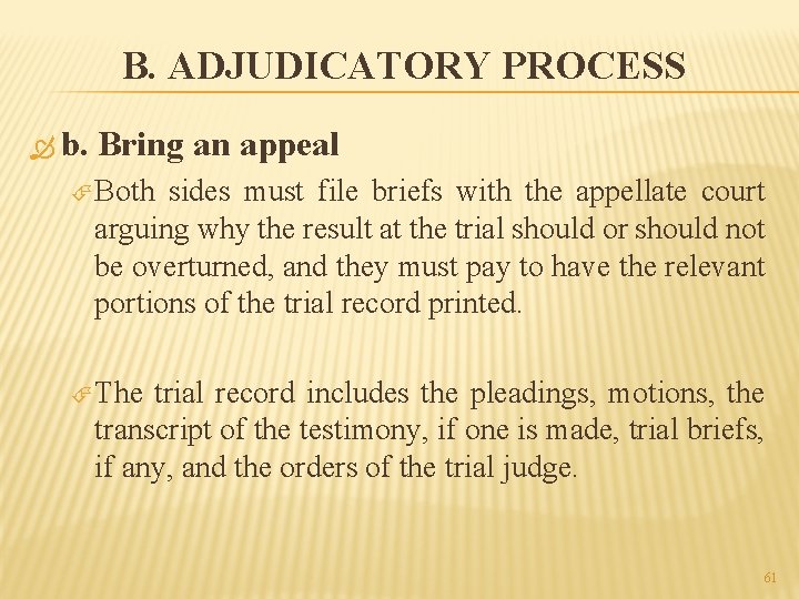 B. ADJUDICATORY PROCESS b. Bring an appeal Both sides must file briefs with the