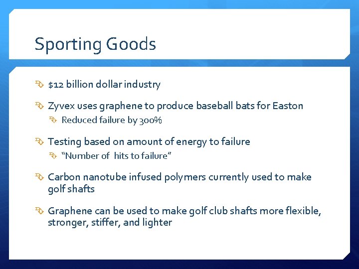 Sporting Goods $12 billion dollar industry Zyvex uses graphene to produce baseball bats for