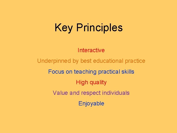 Key Principles Interactive Underpinned by best educational practice Focus on teaching practical skills High