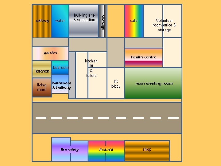 bedroom living room alleyway water building site & substation Volunteer room office & storage