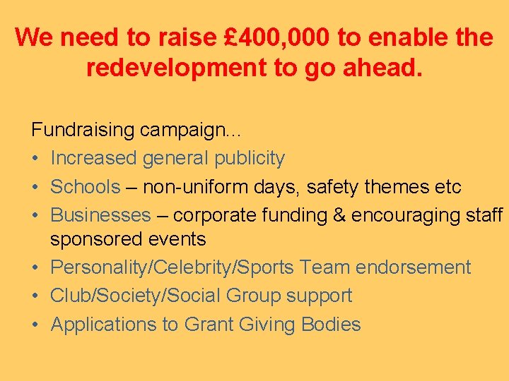 We need to raise £ 400, 000 to enable the redevelopment to go ahead.