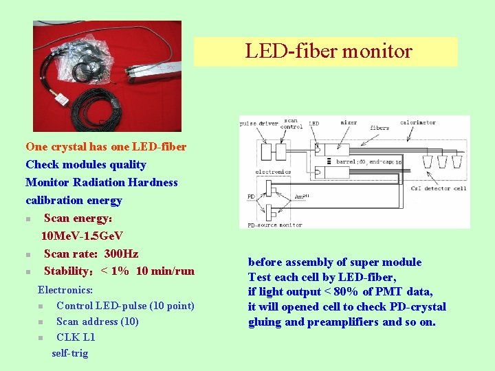  LED-fiber monitor One crystal has one LED-fiber Check modules quality Monitor Radiation Hardness