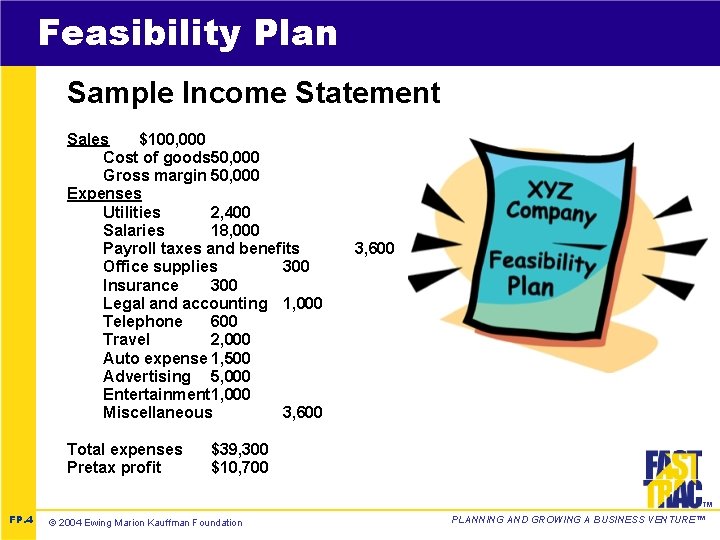 Feasibility Plan Sample Income Statement Sales $100, 000 Cost of goods 50, 000 Gross