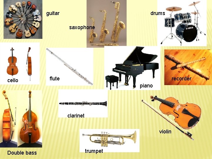 guitar drums saxophone cello flute recorder piano clarinet violin Double bass trumpet 