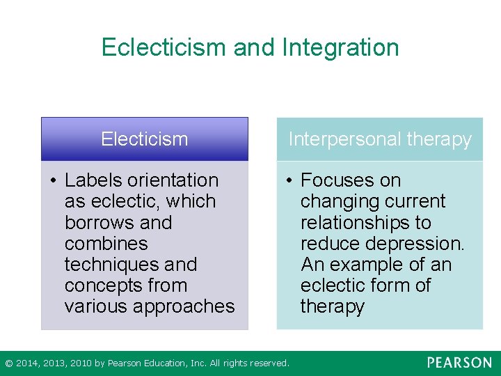 Eclecticism and Integration Electicism Interpersonal therapy • Labels orientation as eclectic, which borrows and