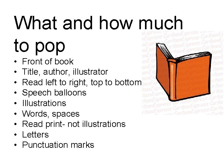 What and how much to pop • • • Front of book Title, author,