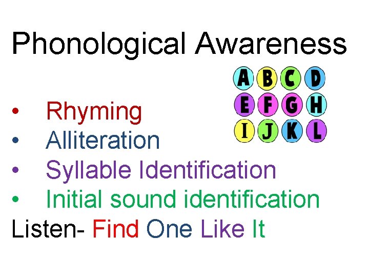 Phonological Awareness • Rhyming • Alliteration • Syllable Identification • Initial sound identification Listen-