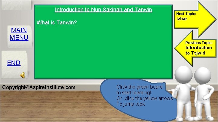 Introduction to Nun Sakinah and Tanwin Next Topic: Izhar What is Tanwin? MAIN MENU
