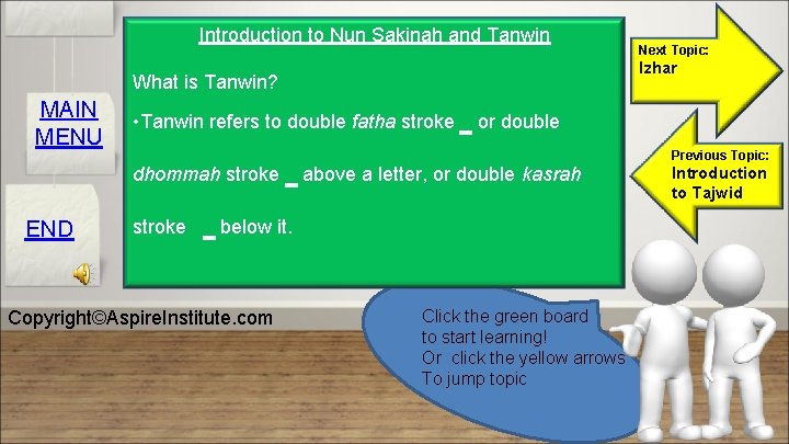 Introduction to Nun Sakinah and Tanwin Izhar What is Tanwin? MAIN MENU • Tanwin