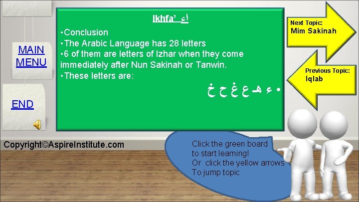 Ikhfa’ MAIN MENU ﺍﺀ Next Topic: • Conclusion • The Arabic Language has 28