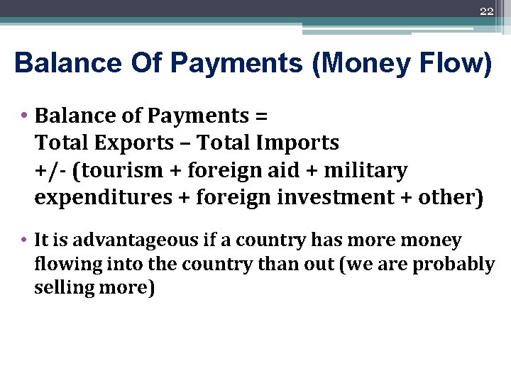 22 Balance Of Payments (Money Flow) • Balance of Payments = Total Exports –