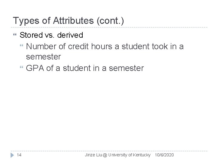 Types of Attributes (cont. ) Stored vs. derived 14 Number of credit hours a