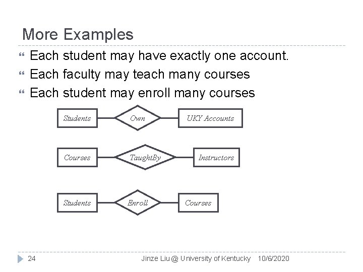 More Examples Each student may have exactly one account. Each faculty may teach many