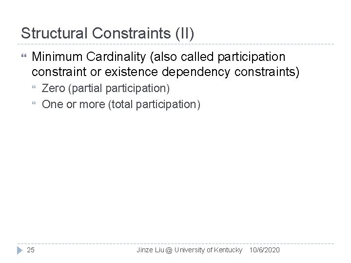 Structural Constraints (II) Minimum Cardinality (also called participation constraint or existence dependency constraints) 25