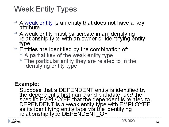 Weak Entity Types A weak entity is an entity that does not have a