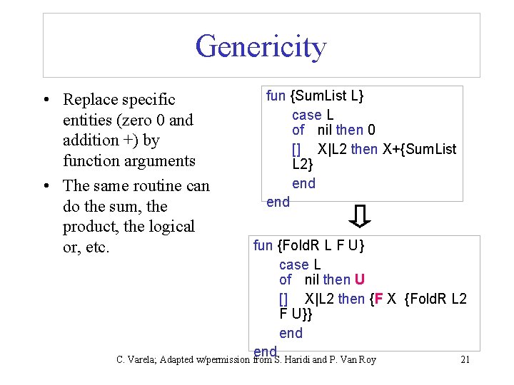 Genericity • Replace specific entities (zero 0 and addition +) by function arguments •