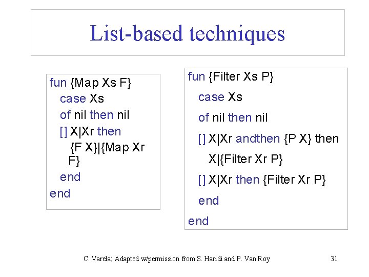 List-based techniques fun {Map Xs F} case Xs of nil then nil [] X|Xr