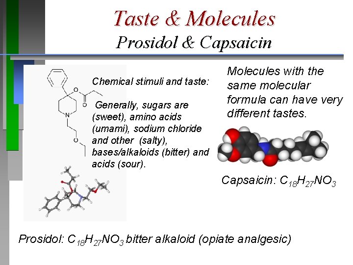 Taste & Molecules Prosidol & Capsaicin Chemical stimuli and taste: Generally, sugars are (sweet),