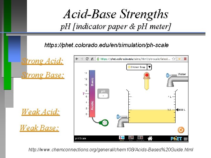 Acid-Base Strengths p. H [indicator paper & p. H meter] https: //phet. colorado. edu/en/simulation/ph-scale