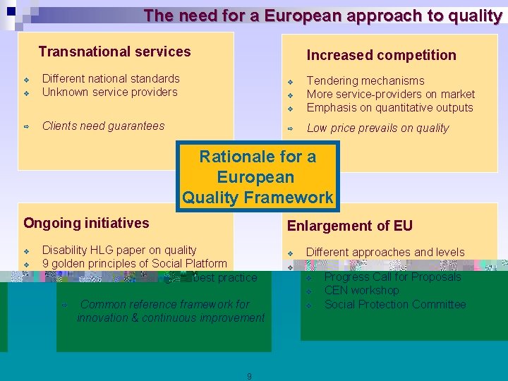 The need for a European approach to quality Transnational services v v ð Different