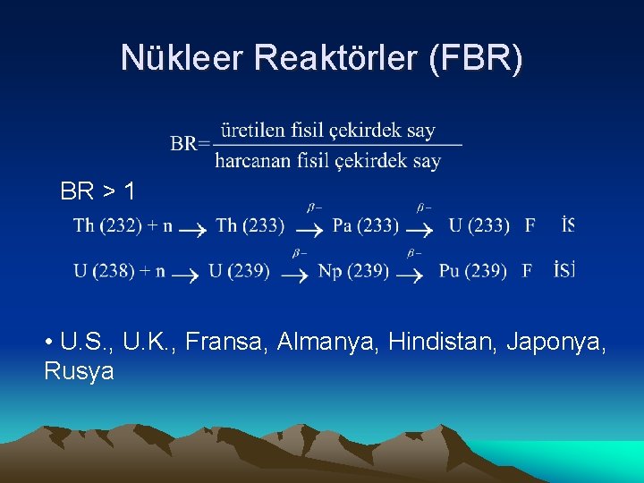 Nükleer Reaktörler (FBR) BR > 1 • U. S. , U. K. , Fransa,