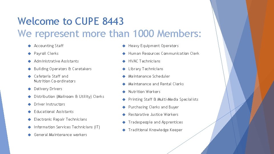 Welcome to CUPE 8443 We represent more than 1000 Members: Accounting Staff Heavy Equipment
