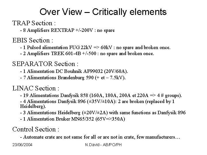 Over View – Critically elements TRAP Section : - 8 Amplifiers REXTRAP +/-200 V