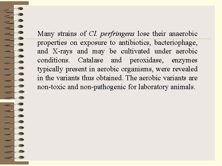 Many strains of Cl. perfringens lose their anaerobic properties on exposure to antibiotics, bacteriophage,