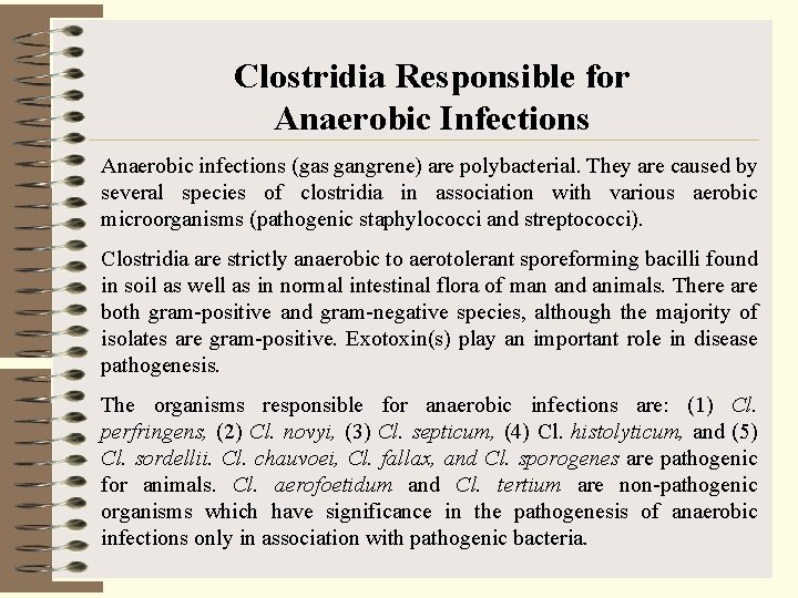 Clostridia Responsible for Anaerobic Infections Anaerobic infections (gas gangrene) are polybacterial. They are caused